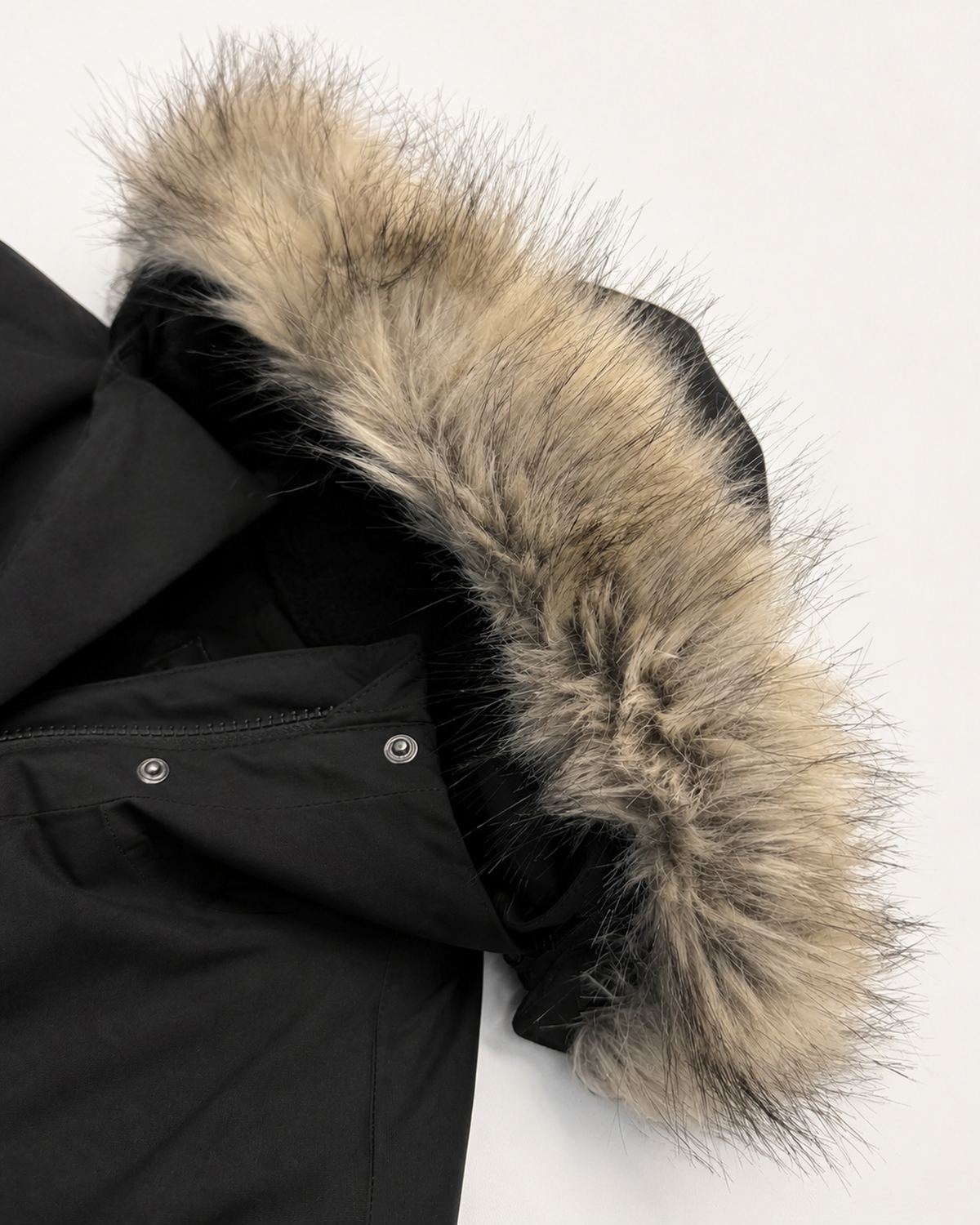 Black Cortina women's plus size insulated parka, flat lay, hood