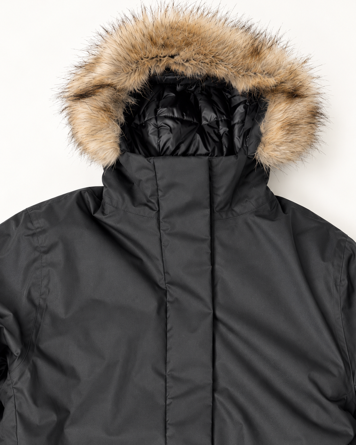 Black Cortina women's plus size insulated parka, flat lay, hood