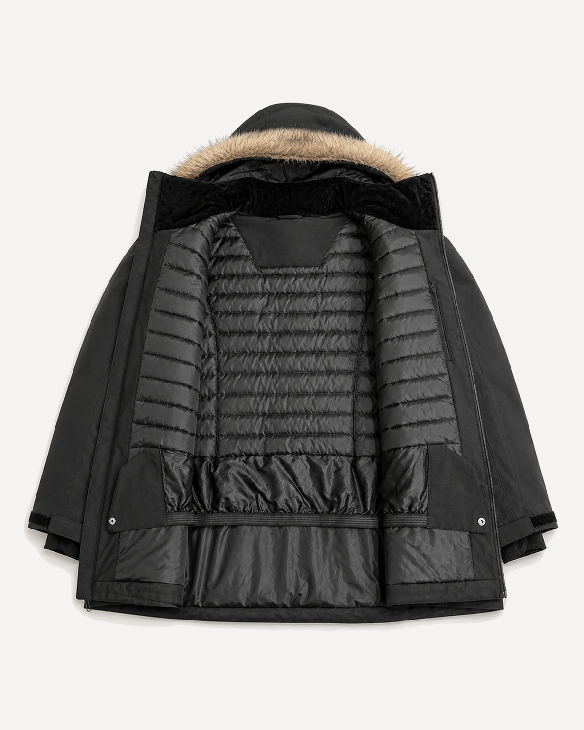 Black Cortina women's plus size insulated parka, flat lay, interior