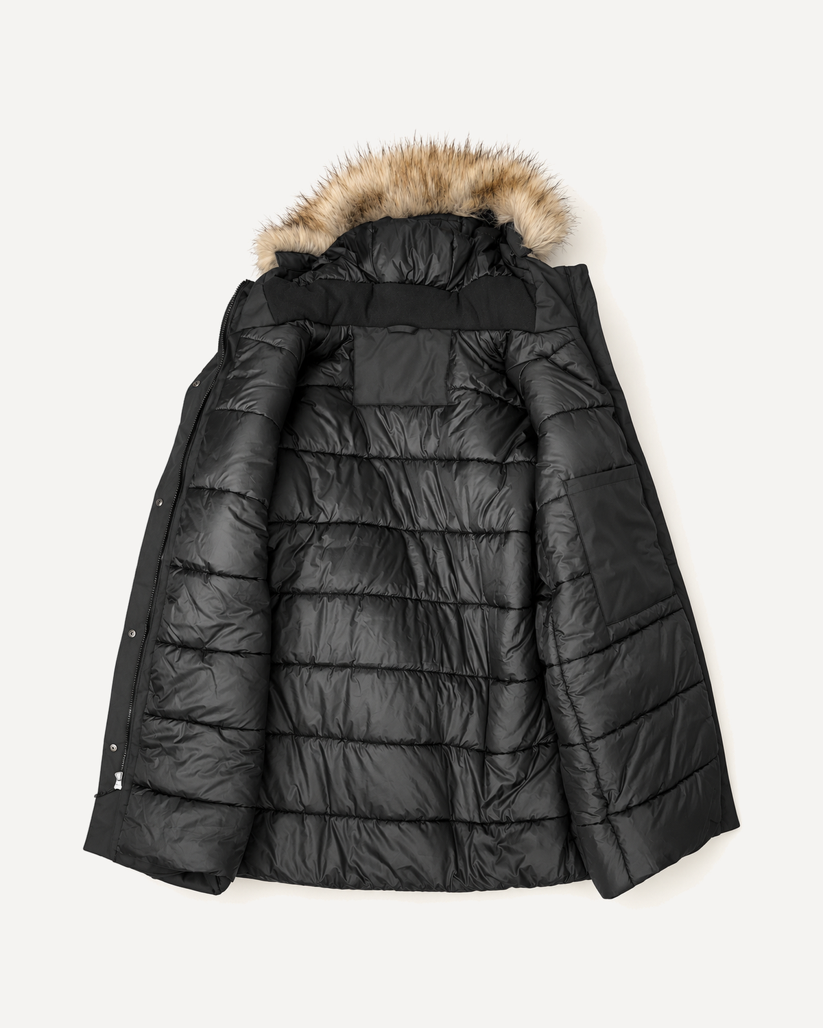 Black Cortina women's plus size insulated parka, flat lay, interior