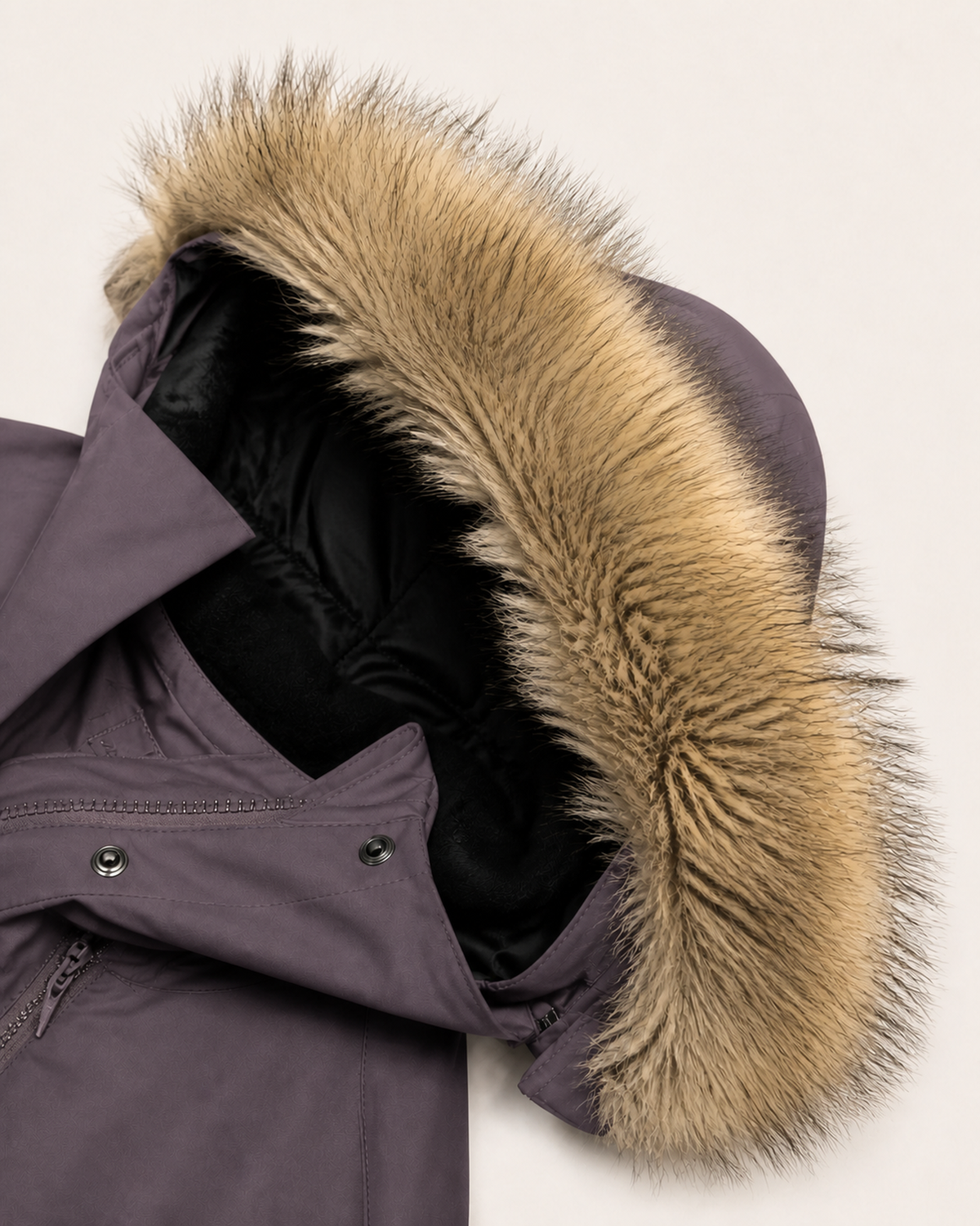 Eggplant Cortina women's plus size insulated parka, flat lay, hood