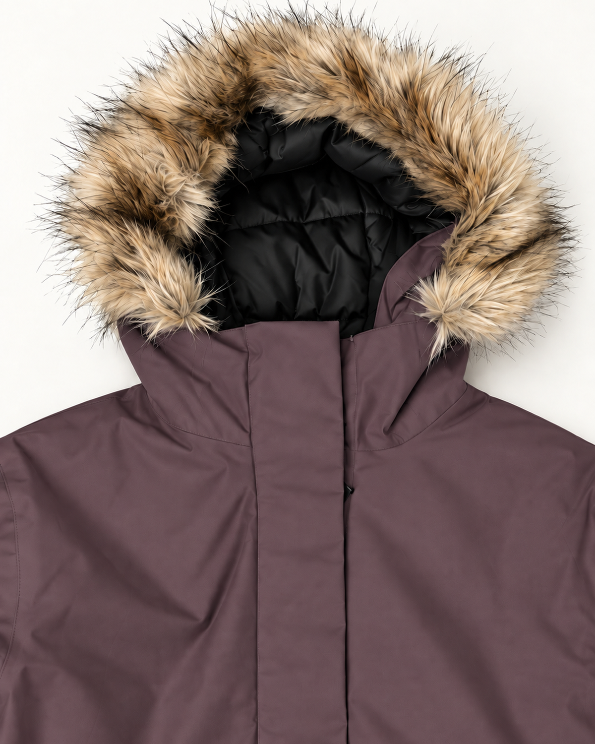 Eggplant Cortina women's plus size insulated parka, flat lay, hood