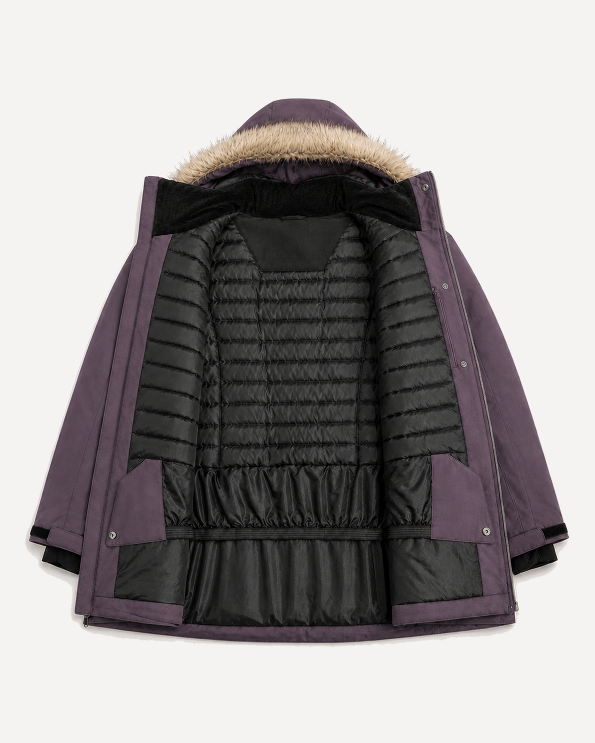 Eggplant Cortina women's plus size insulated parka, flat lay, interior