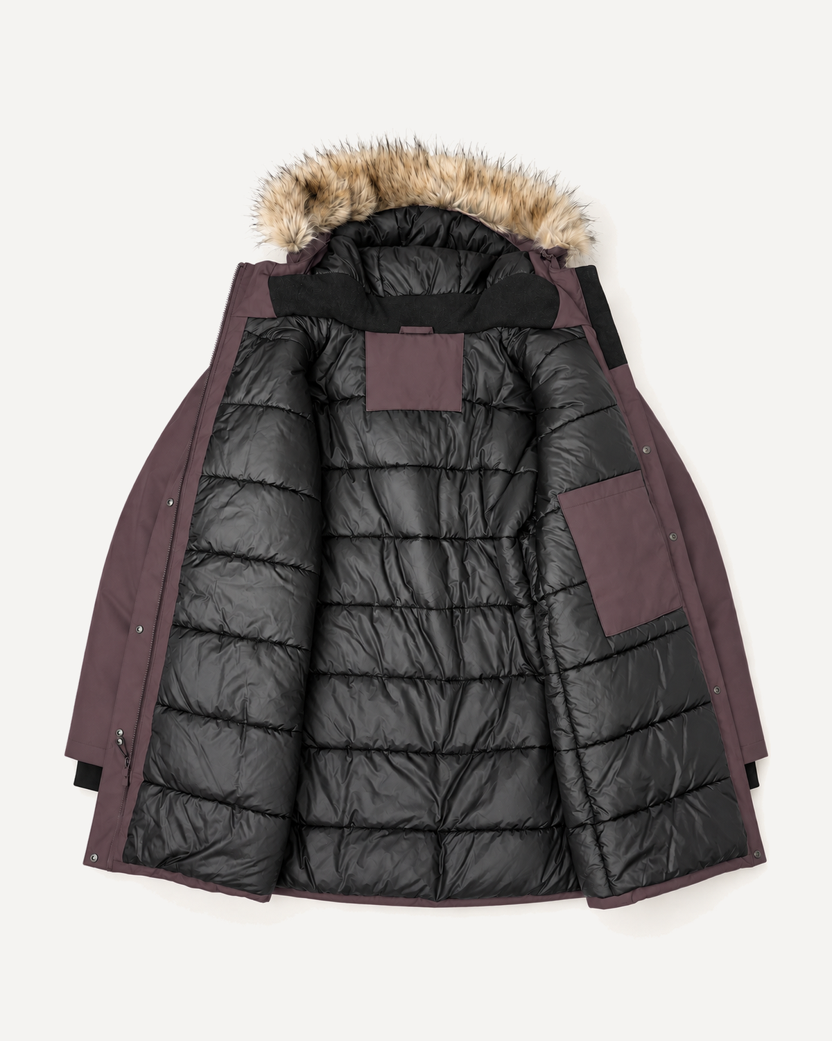 Eggplant Cortina women's plus size insulated parka, flat lay, interior