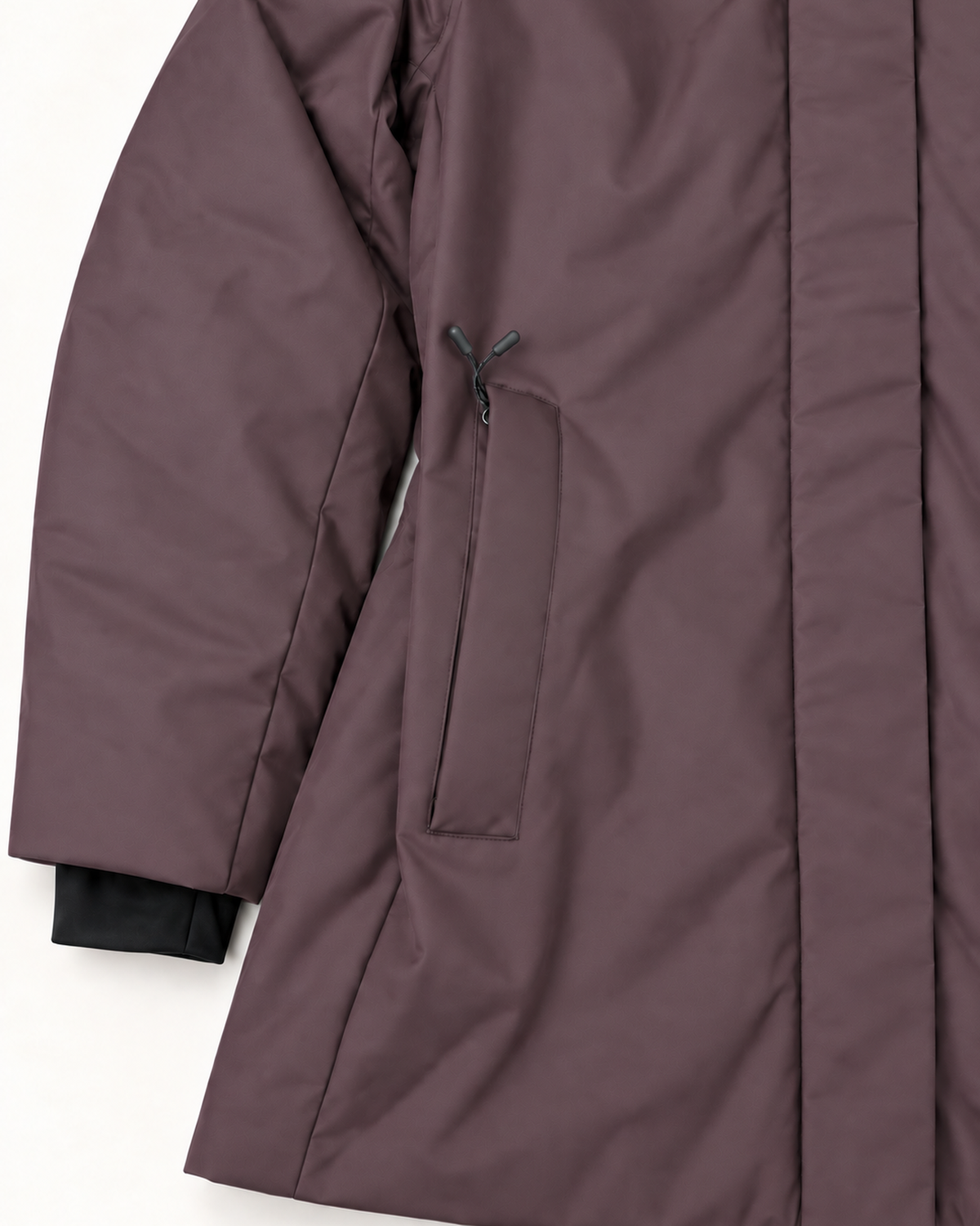 Eggplant Cortina women's plus size insulated parka, flat lay, pocket