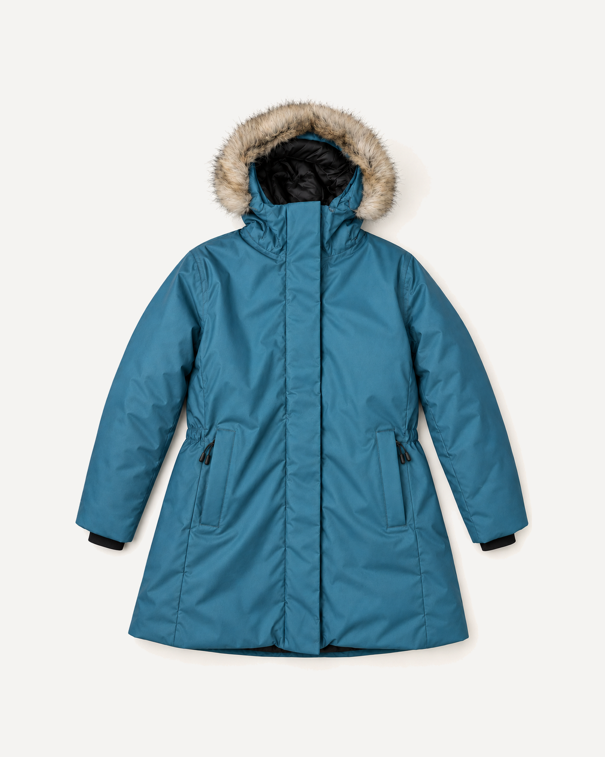 Peacock Cortina women's plus size insulated parka, flat lay, front