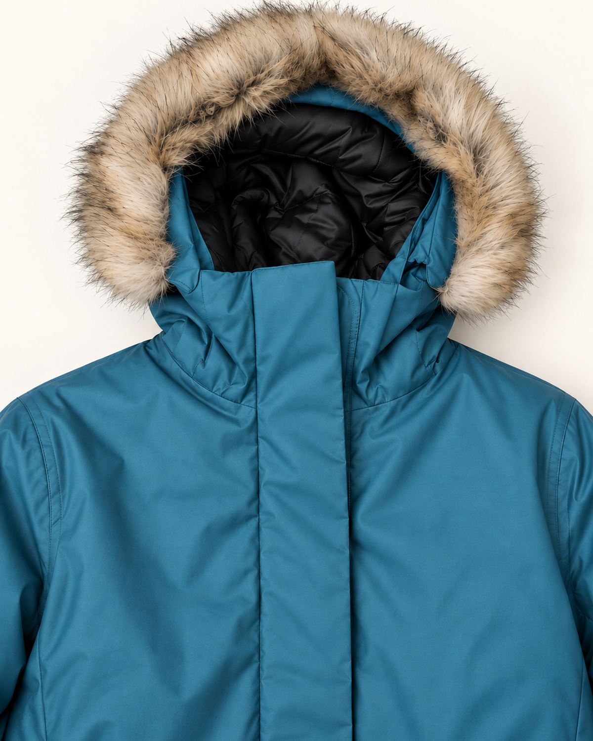 Peacock Cortina women's plus size insulated parka, flat lay, hood