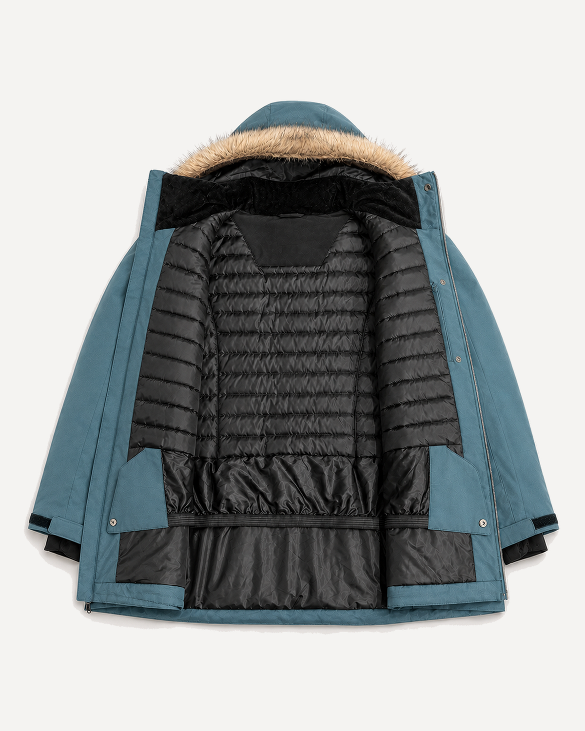 Peacock Cortina women's plus size insulated parka, flat lay, interior