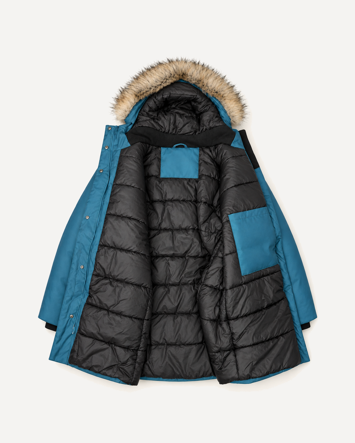 Peacock Cortina women's plus size insulated parka, flat lay, interior