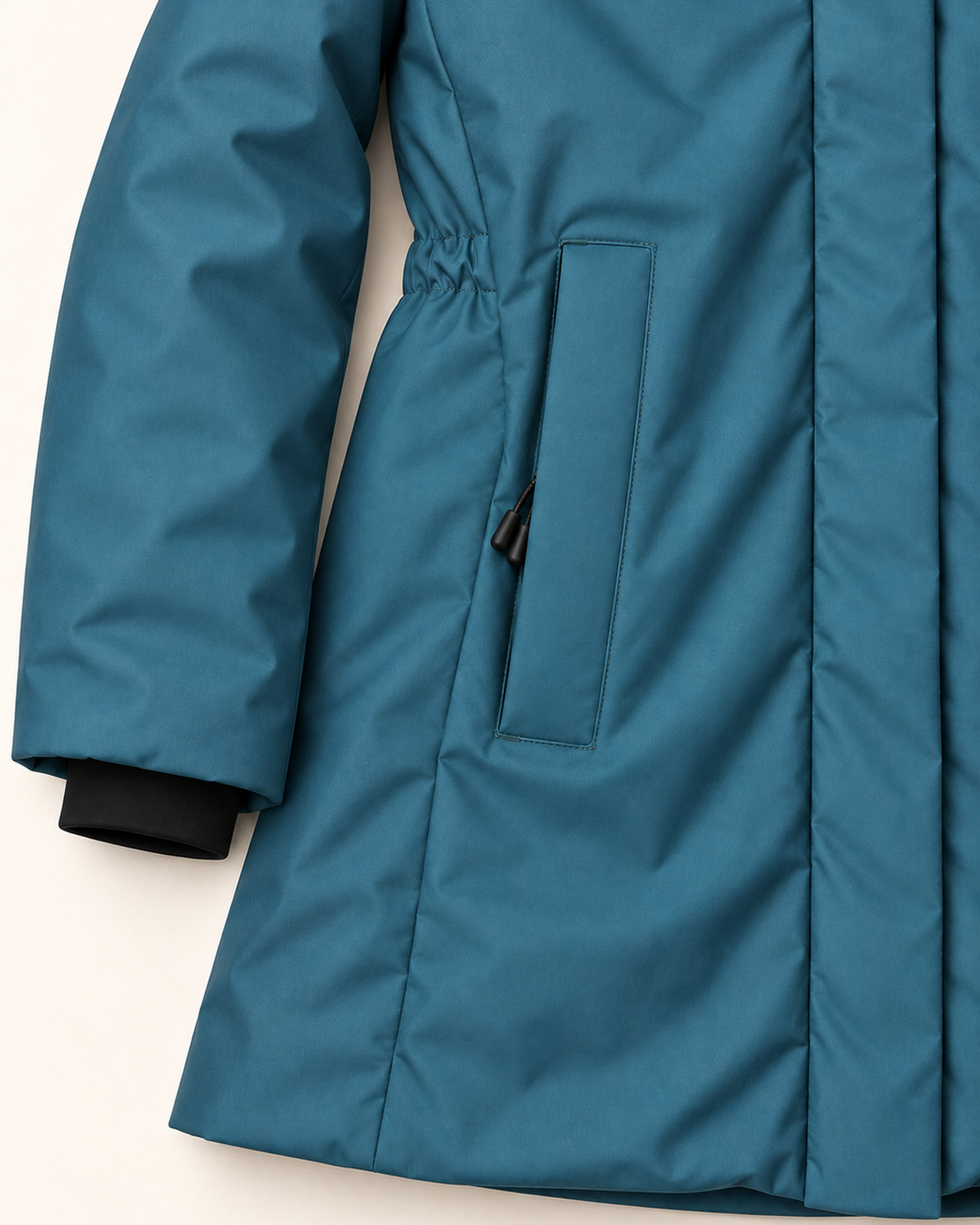 Peacock Cortina women's plus size insulated parka, flat lay, pocket