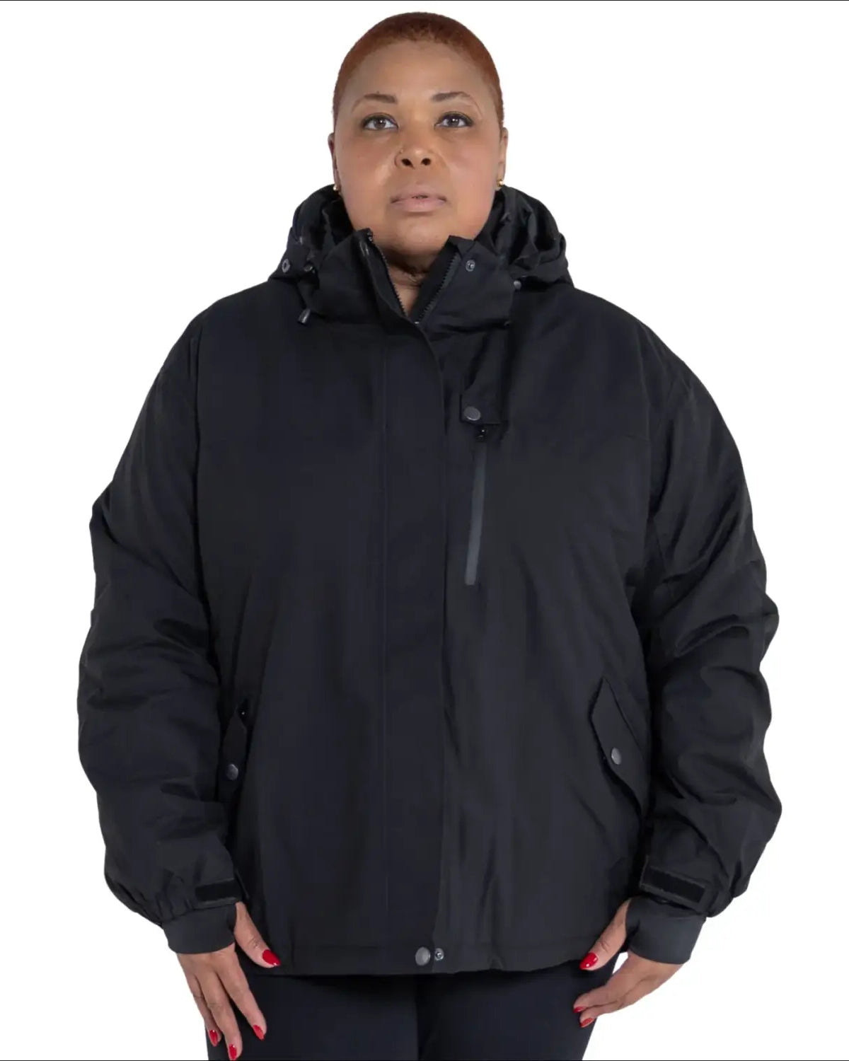 Black hooded winter jacket from Snow Country Outerwear Women’s Plus Size Fortress Ski Coat