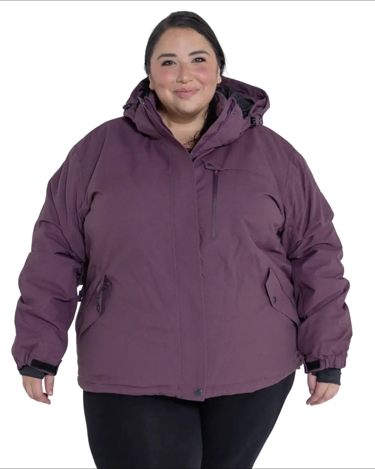 Plum-colored hooded winter coat from Snow Country Outerwear for plus size women