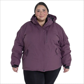 Plum-colored hooded winter coat from Snow Country Outerwear for plus size women