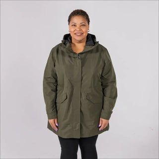 Olive green hooded parka from Women’s Plus Size Rain Jacket Trench Coat Berwick Spring Fall collection
