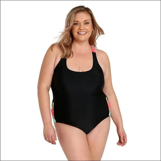 Black one-piece swimsuit with colorful straps from Lysa Women’s Plus Size Caddy collection