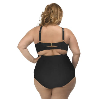 Black plus size one-piece swimsuit with floral design and keyhole detail for Women