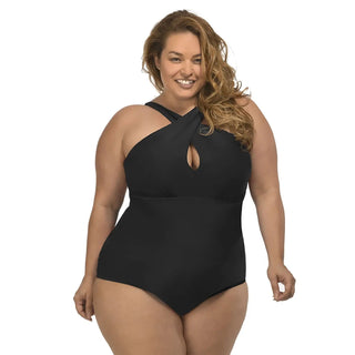 Black one-piece swimsuit for women from Lysa Plus Size Kylie Keyhole Floral collection