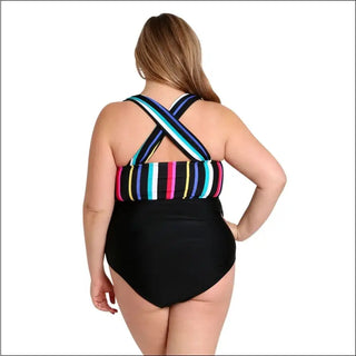 Plus-size striped and black one-piece swimsuit for women, available in multiple sizes