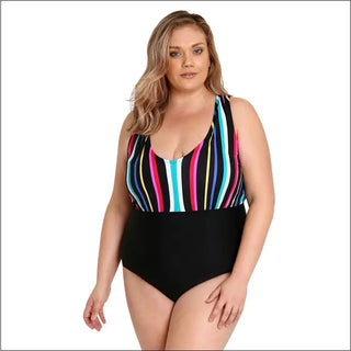 Lysa Women’s Plus Size Paris Vertical Stripe One Piece Swimsuit in black and white