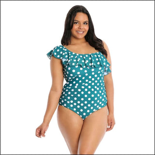 Lysa Women’s Plus Size Raya Ruffle Single Shoulder One Piece Swimsuit 0X 1X 2X 3X - 0X (14/16) / Teal Polka Dot - Swimsuits