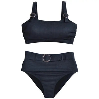 Black two-piece swimsuit with ring details from Lysa Women’s Plus Size Ribbed Olivia Bikini Set