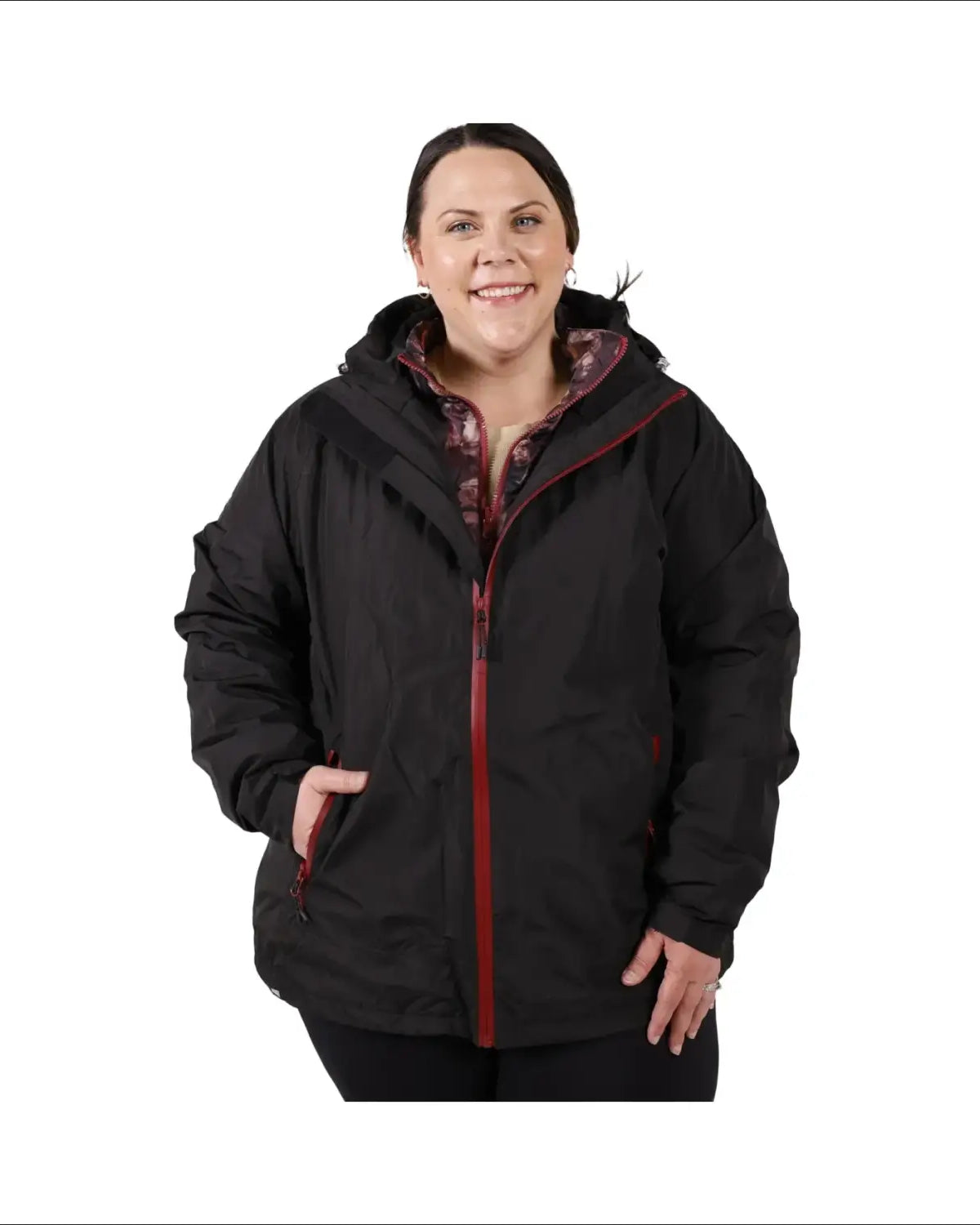 Black hooded rain jacket with red trim from Women’s Plus Size 1X-6X Winter Coat