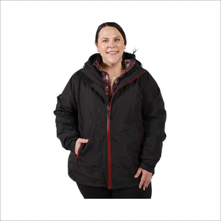 Black hooded rain jacket with red trim from Women’s Plus Size 1X-6X Winter Coat