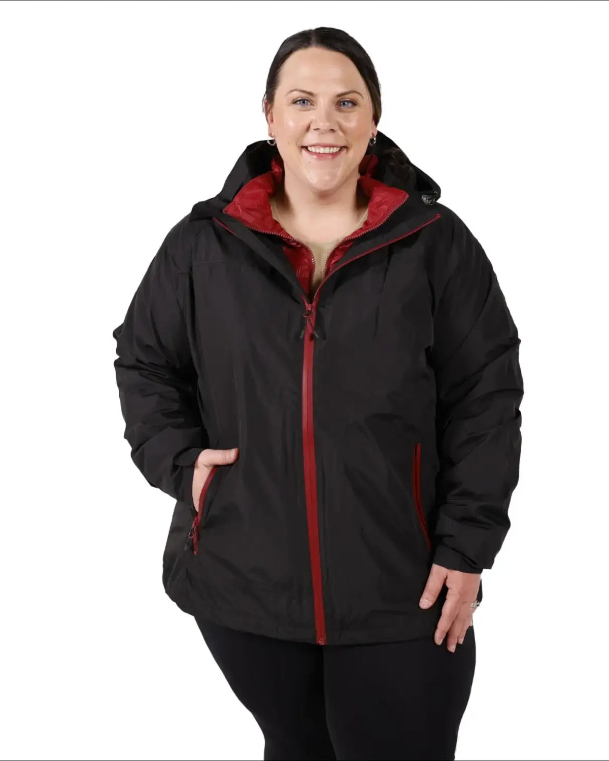 Plus Size Women’s Black and Red Hooded Winter Down Alternative 3-in-1 Coat Jacket
