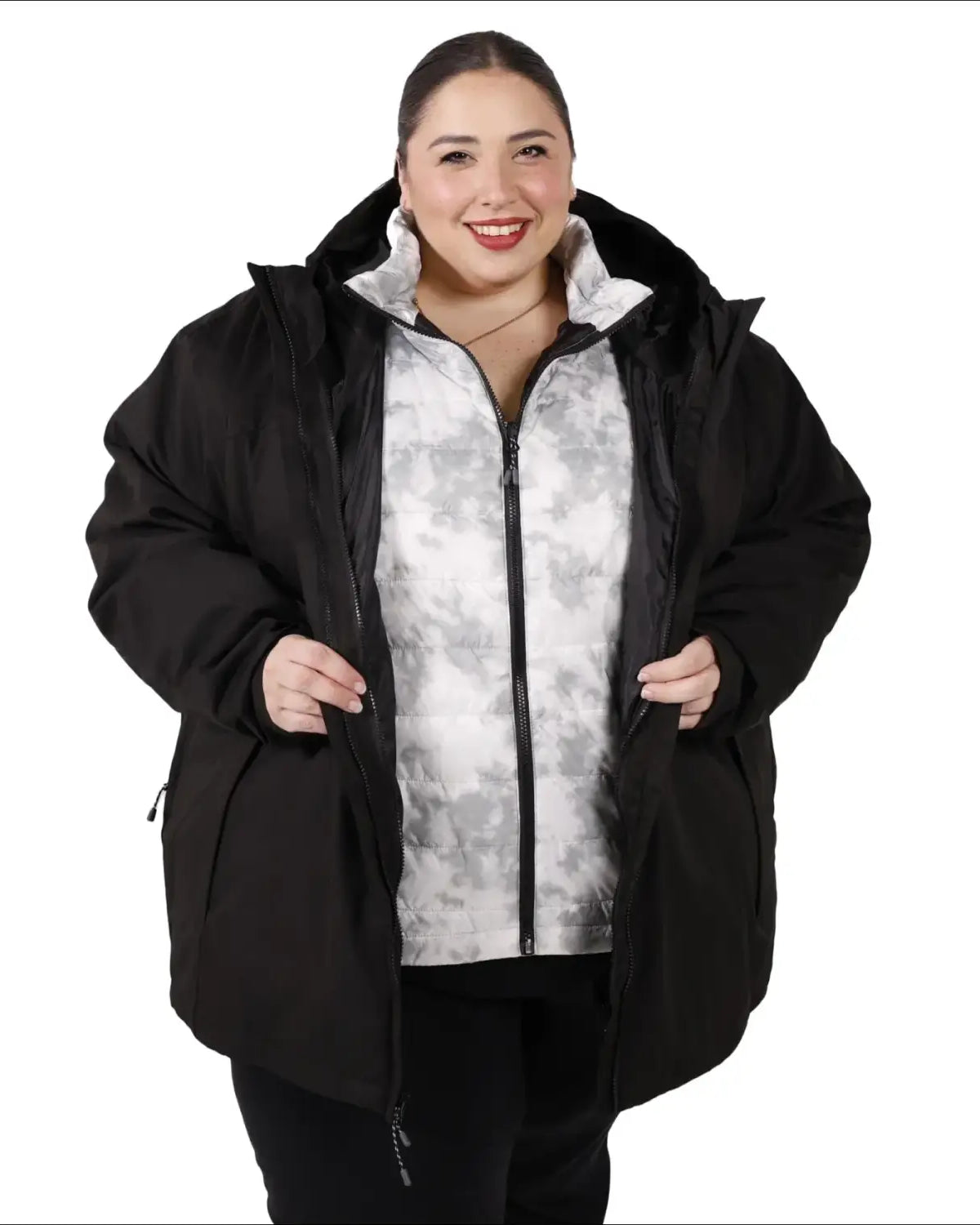 Woman in black winter coat from Women’s Plus Size 1X-6X Winter Down Alternative 3in1 Coat Jacket Snow Country Outerwear Alps