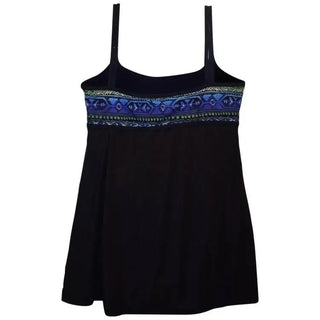 Black tankini top with patterned band from NWSC Women’s Plus Size Empire Waist Swimdress