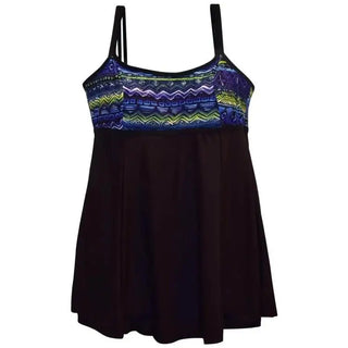 Plus size Empire Waist Swimdress featuring a black tankini swimsuit with patterned top