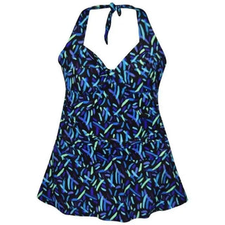 Colorful abstract patterned halter-neck tankini top for plus size women in NWSC Swimdress swimsuit