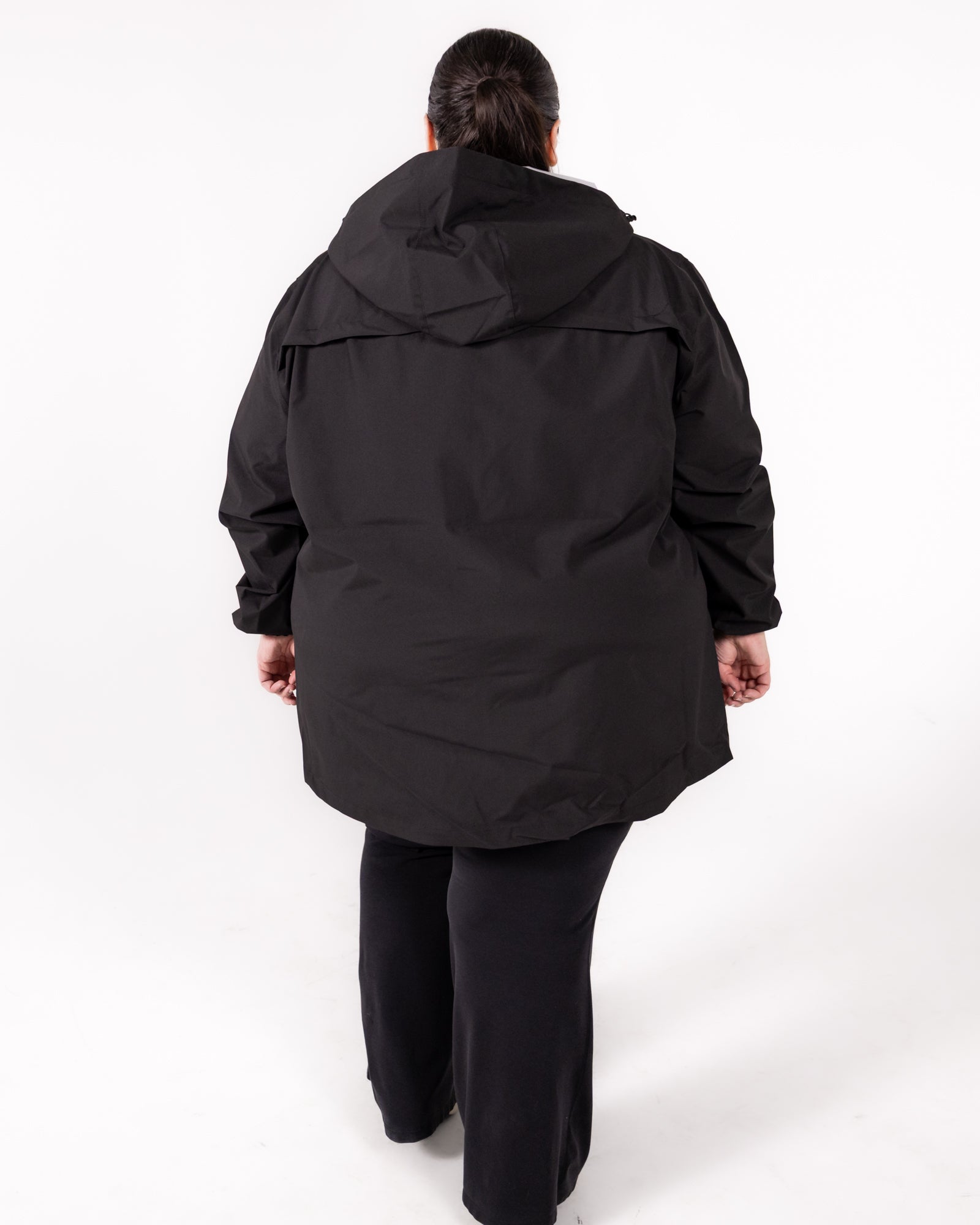 Plus size 804 rain jacket black 2 | Model is 5'3" and wears a 5X