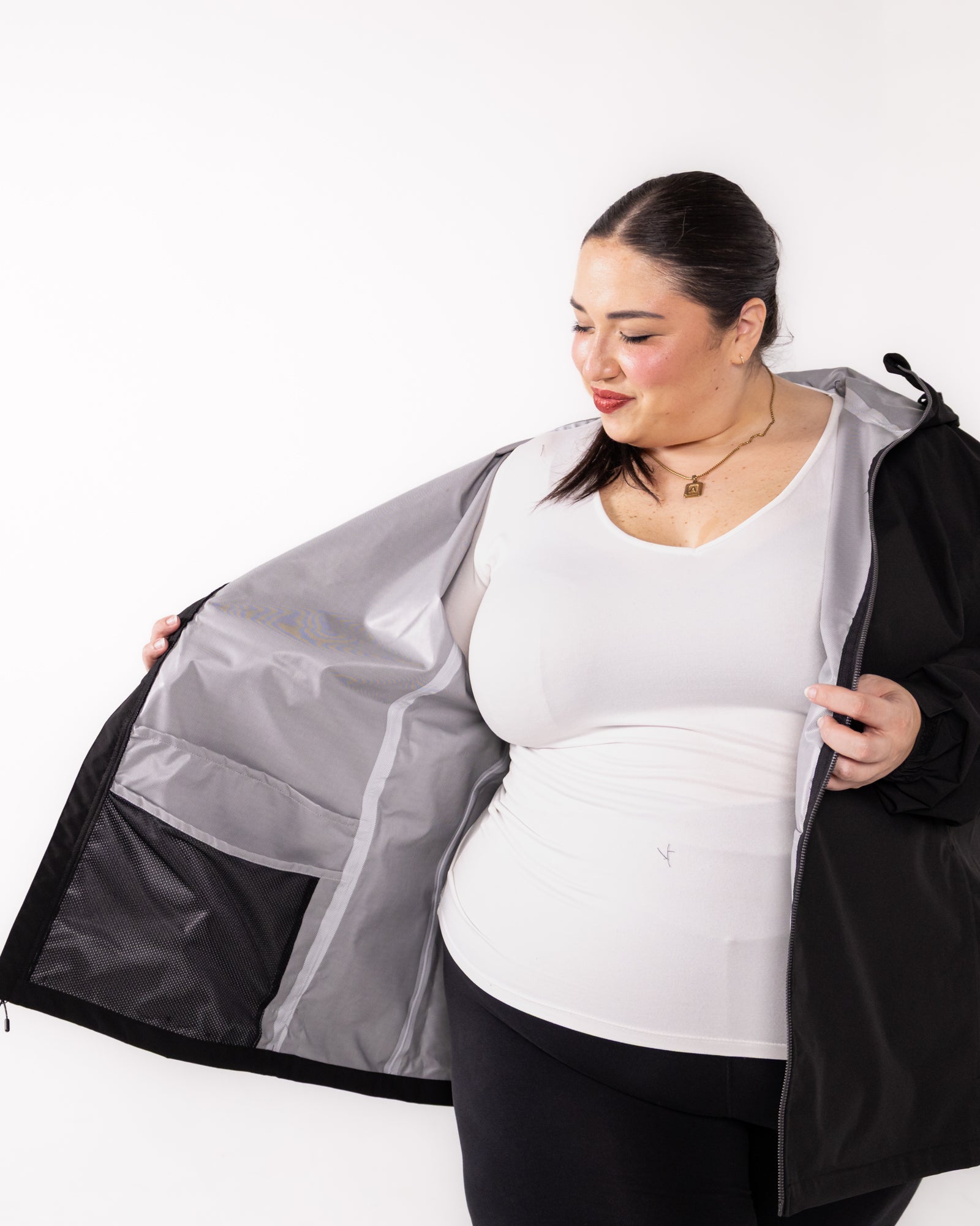 Plus size 804 rain jacket black 5 | Model is 5'3" and wears a 5X