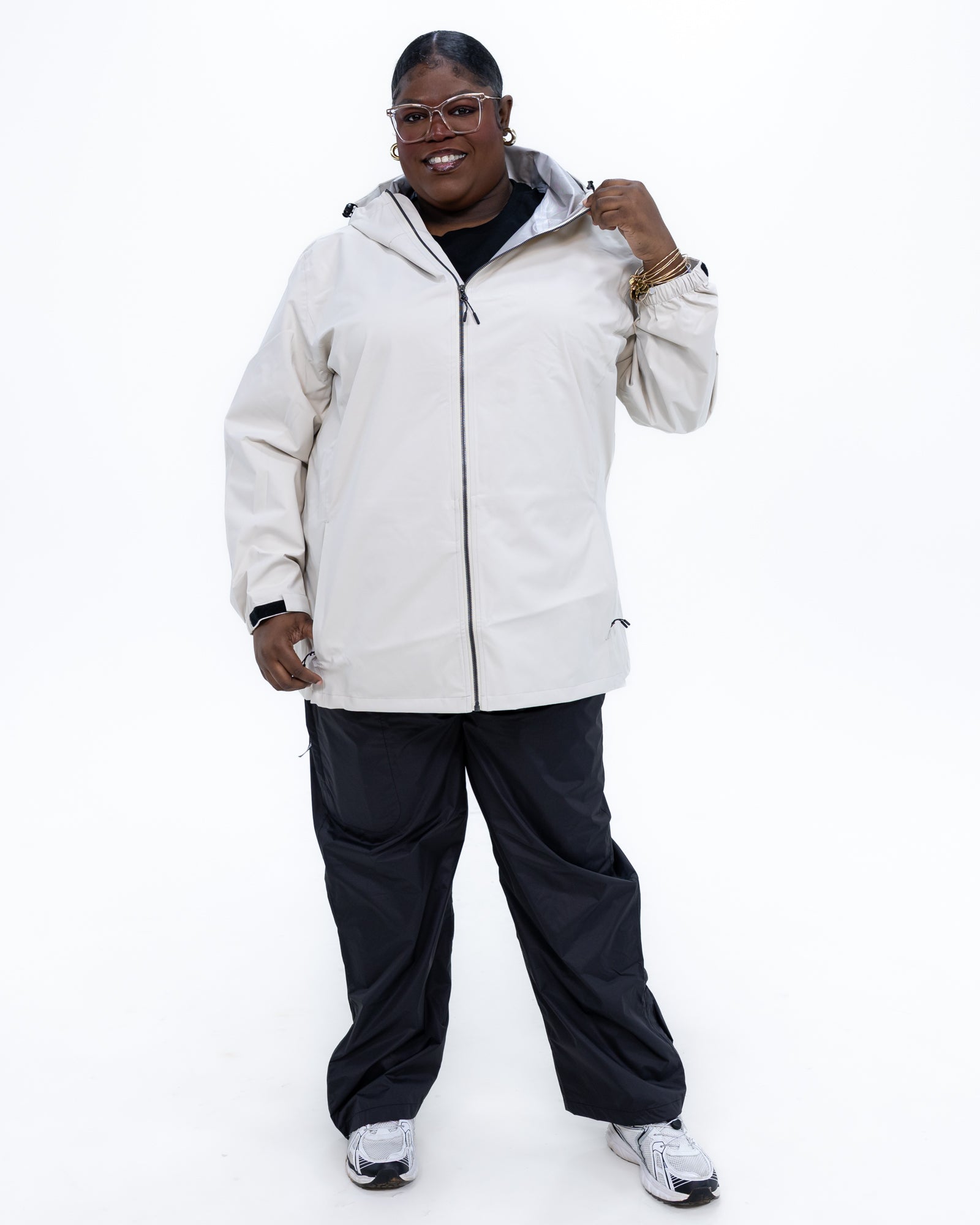 Plus size 804 rain jacket cream 2 | Model is 5'9" and wears a 3X