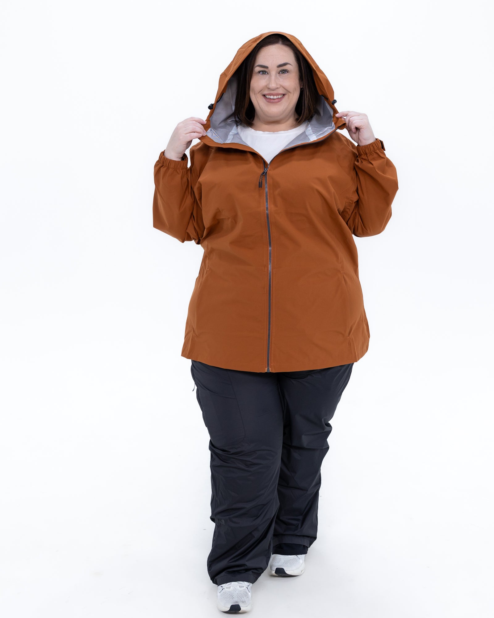 Plus size 804 rain jacket rust 6 | Model is 5'4" and wears a 3X