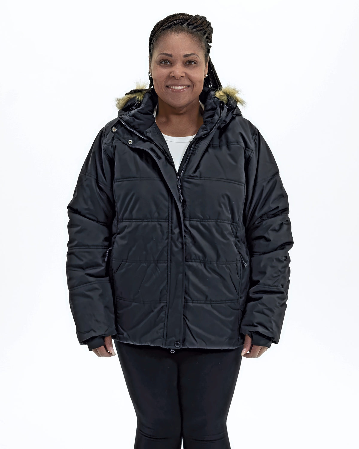 Black women's plus size Aspen ski jacket, front | Model is 5'6" and wears a 1X