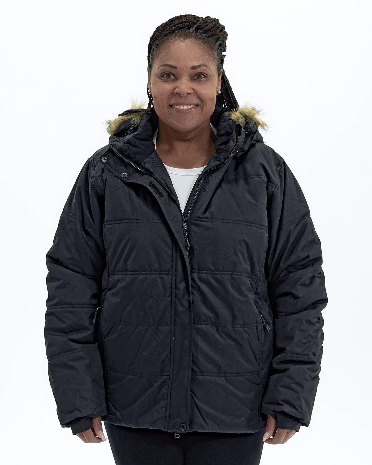 Black women's plus size Aspen ski jacket, front | Model is 5'6" and wears a 1X