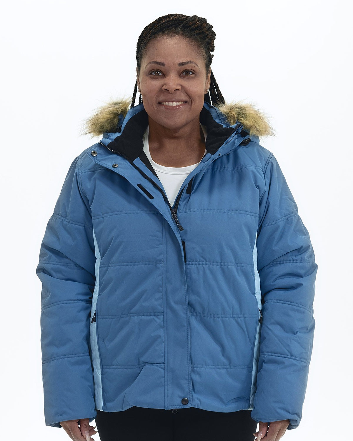 Winter Blue women's plus size Aspen ski jacket, front | Model is 5'6" and wears a 1X