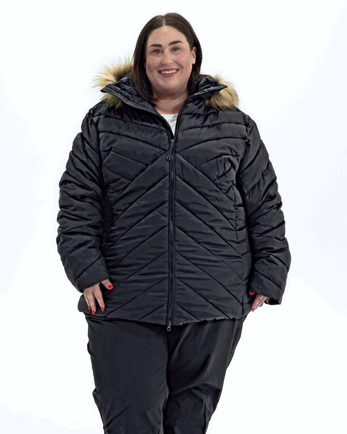 Black Axtell women's plus size hooded winter parka, front | Model is 5'4" and wears a 3X