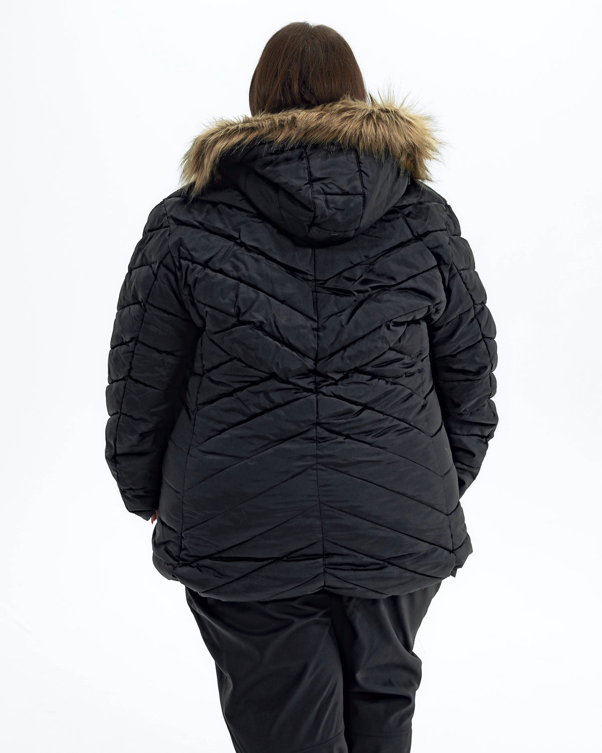 Black The Axtell plus size hooded winter parka, back | Model is 5'4" and wears a 3X