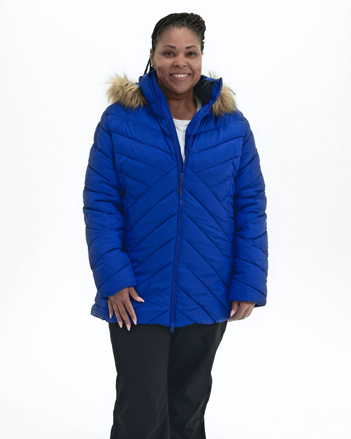 Midnight Blue Axtell women's plus size hooded winter parka, front | Model is 5'6" and wears a 1X