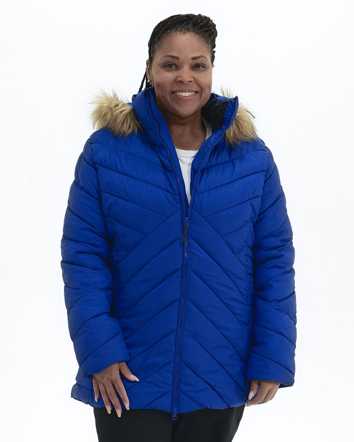 Midnight Blue Axtell women's plus size hooded winter parka, front | Model is 5'6" and wears a 1X