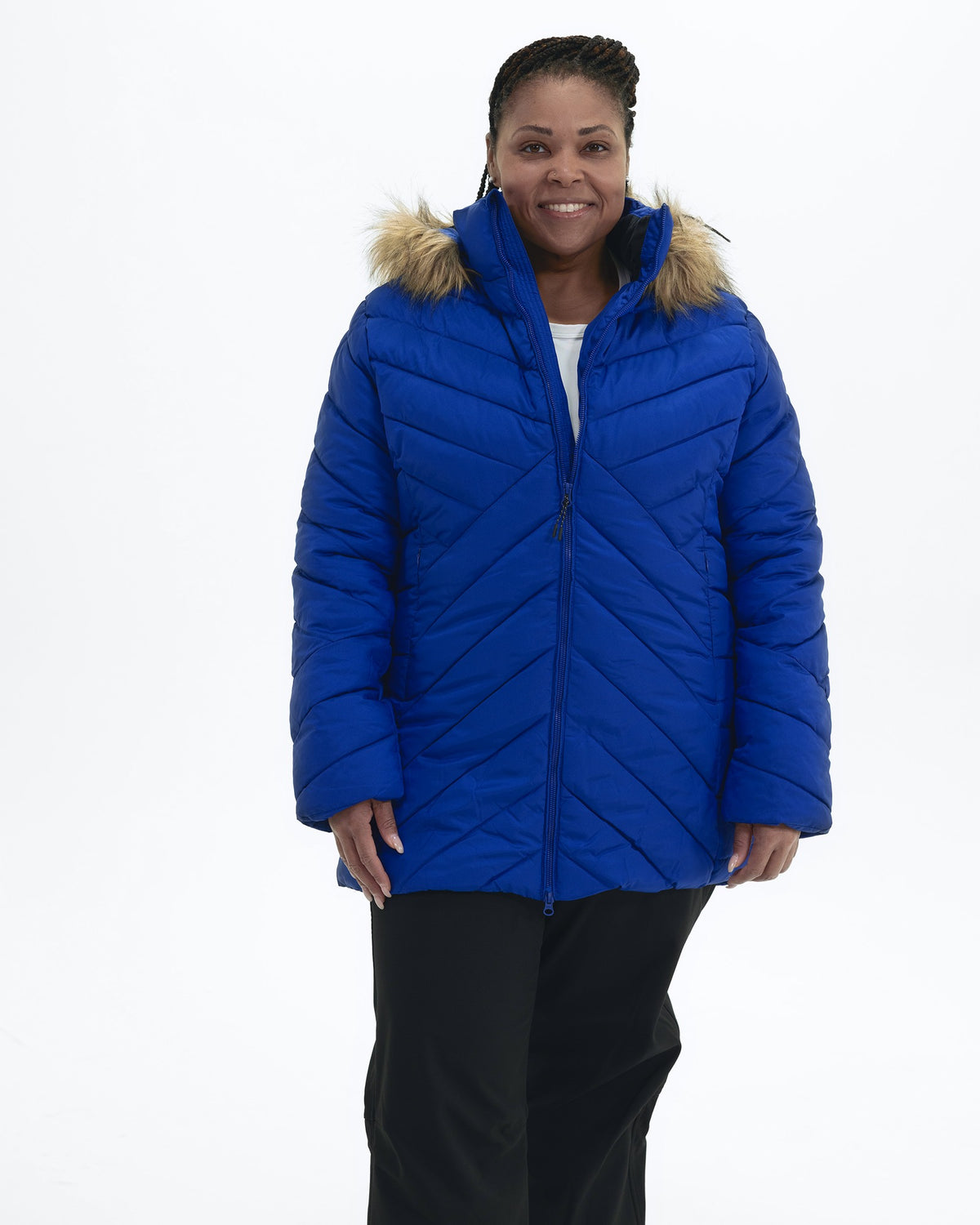 Midnight Blue The Axtell plus size hooded winter parka, full length | Model is 5'6" and wears a 1X