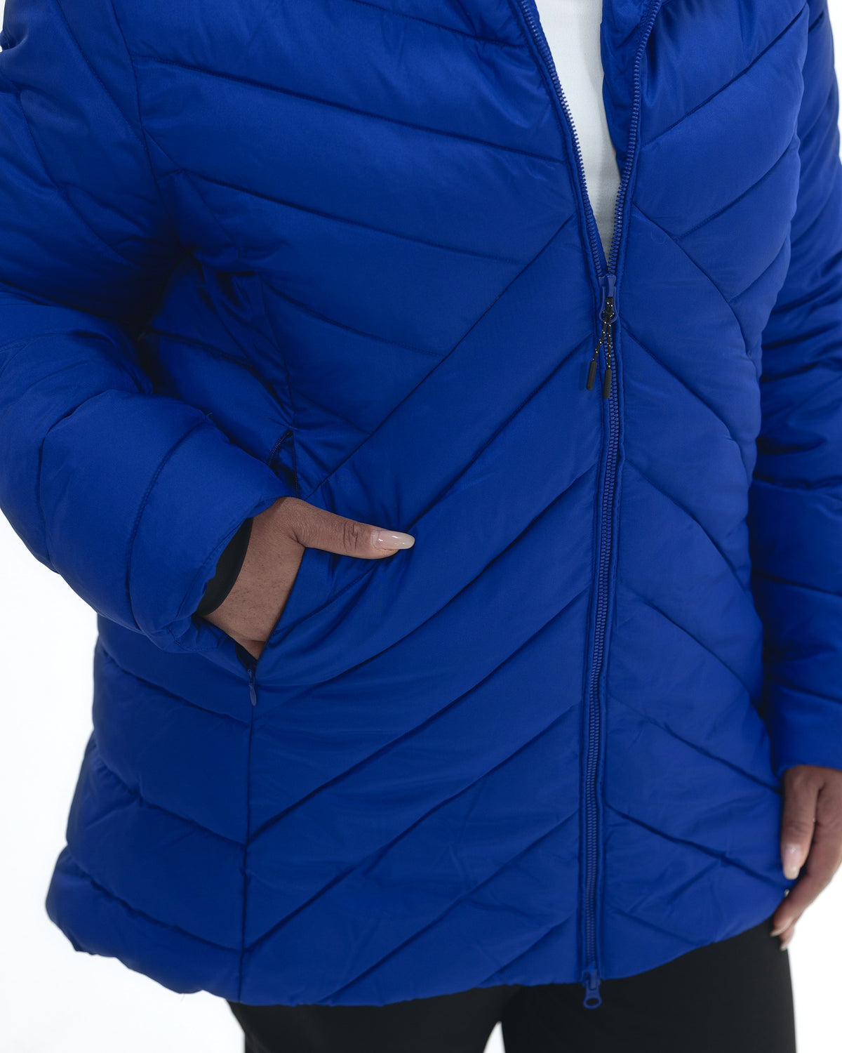 Midnight Blue The Axtell plus size hooded winter parka, zippered hand pocket detail