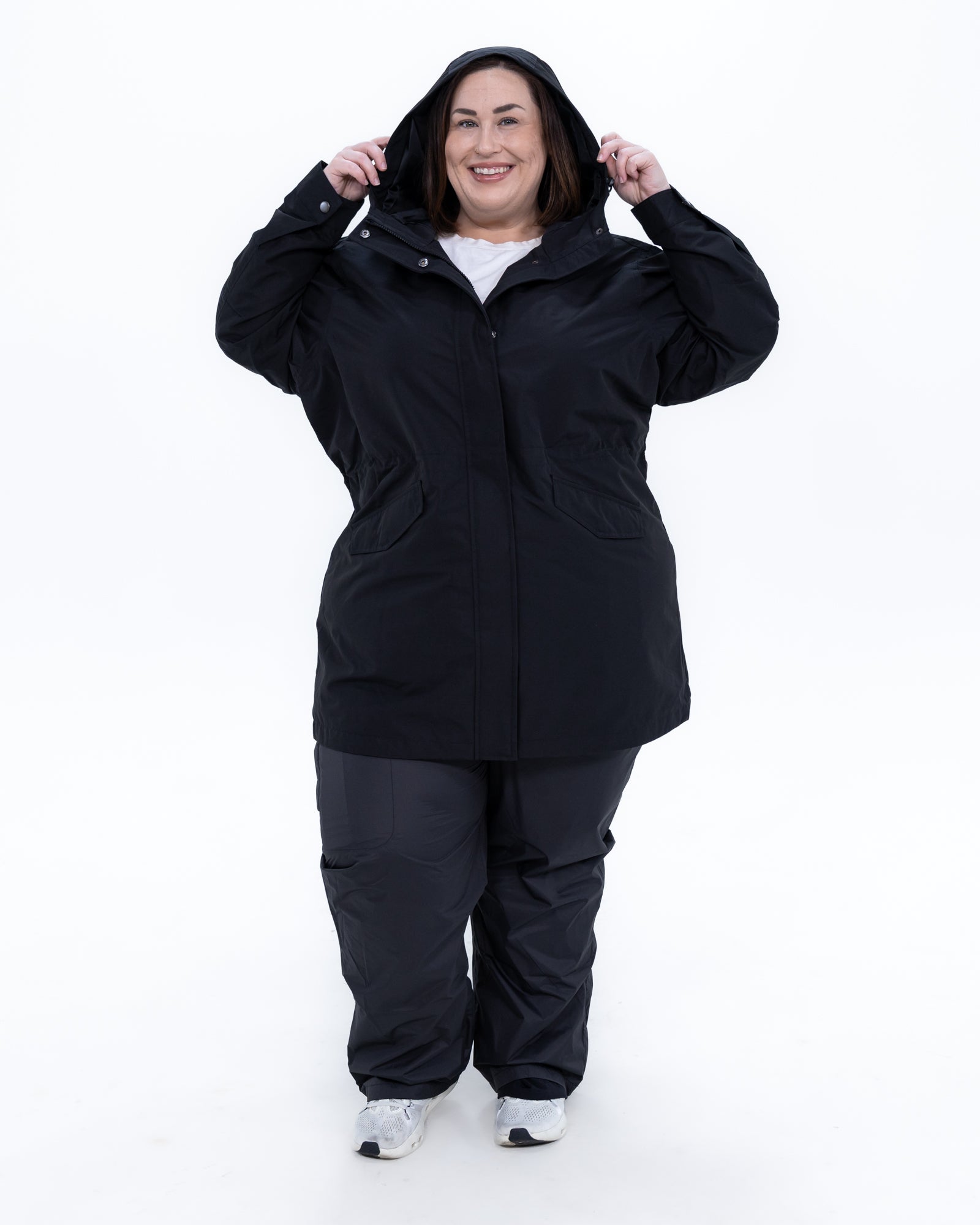 Plus size berwick rain jacket black 10 | Model is 5'4" and wears a 3X