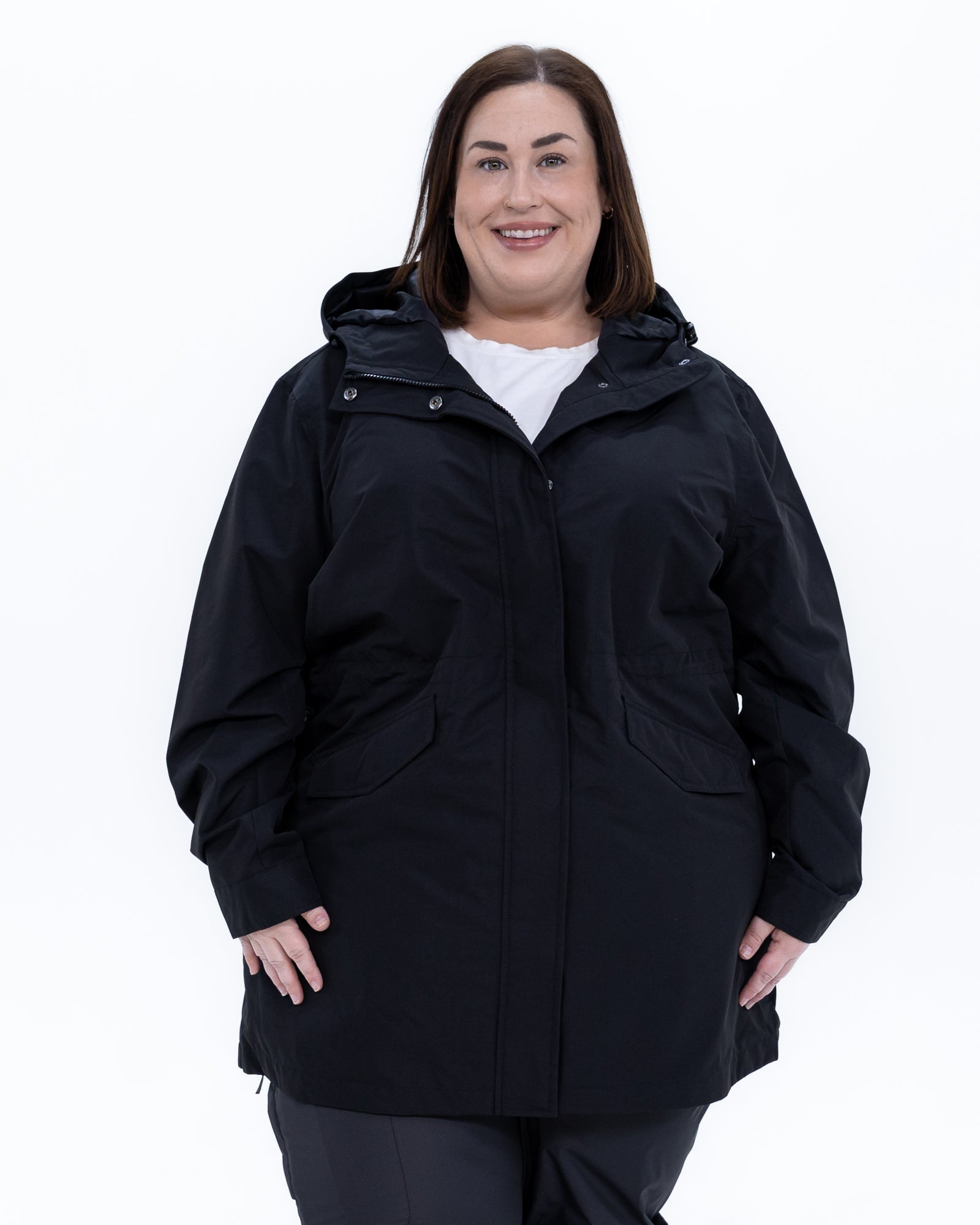 Plus size berwick rain jacket black 6 | Model is 5'4" and wears a 3X