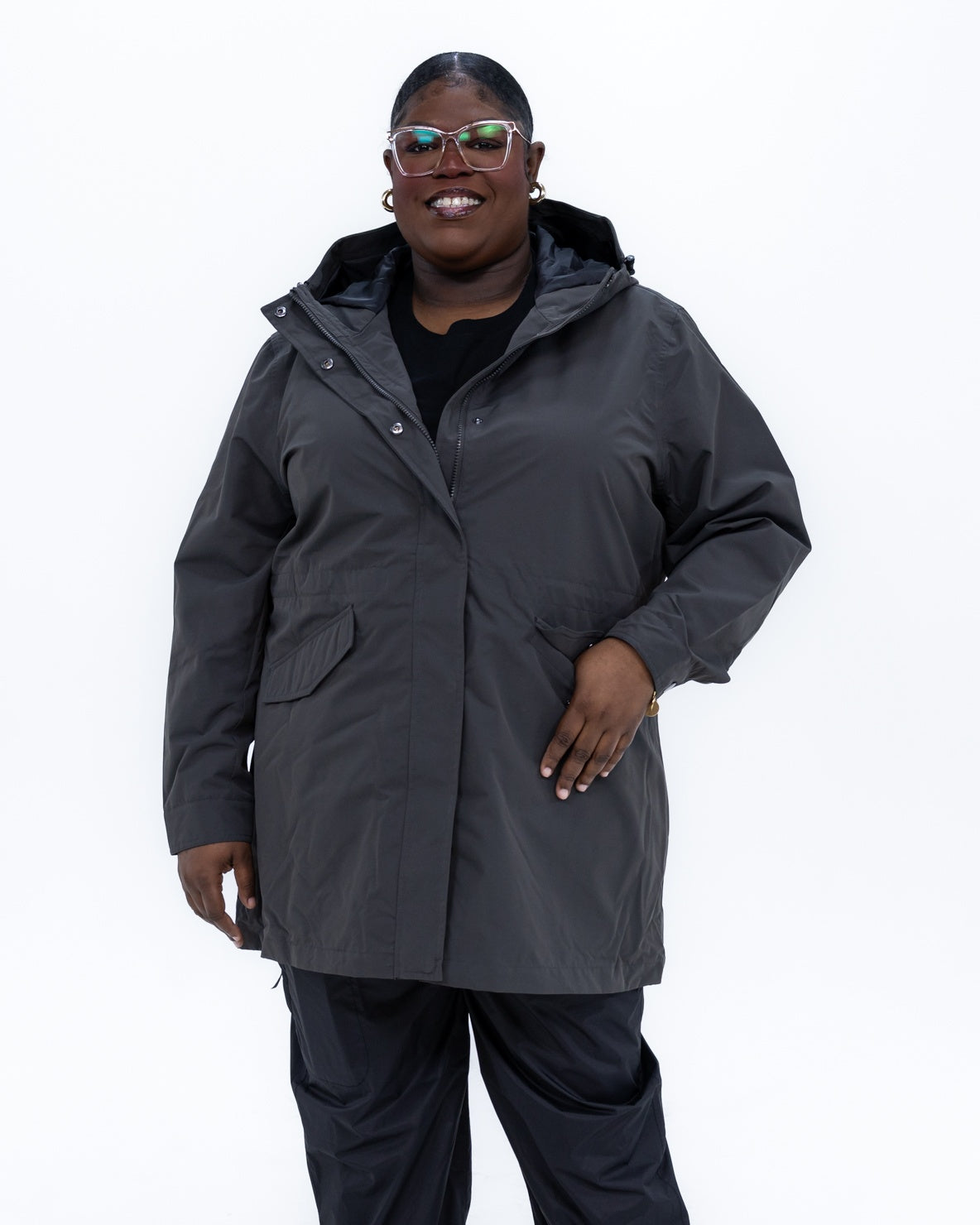 Plus size berwick rain jacket charcoal 1 | Model is 5'9" and wears a 3X