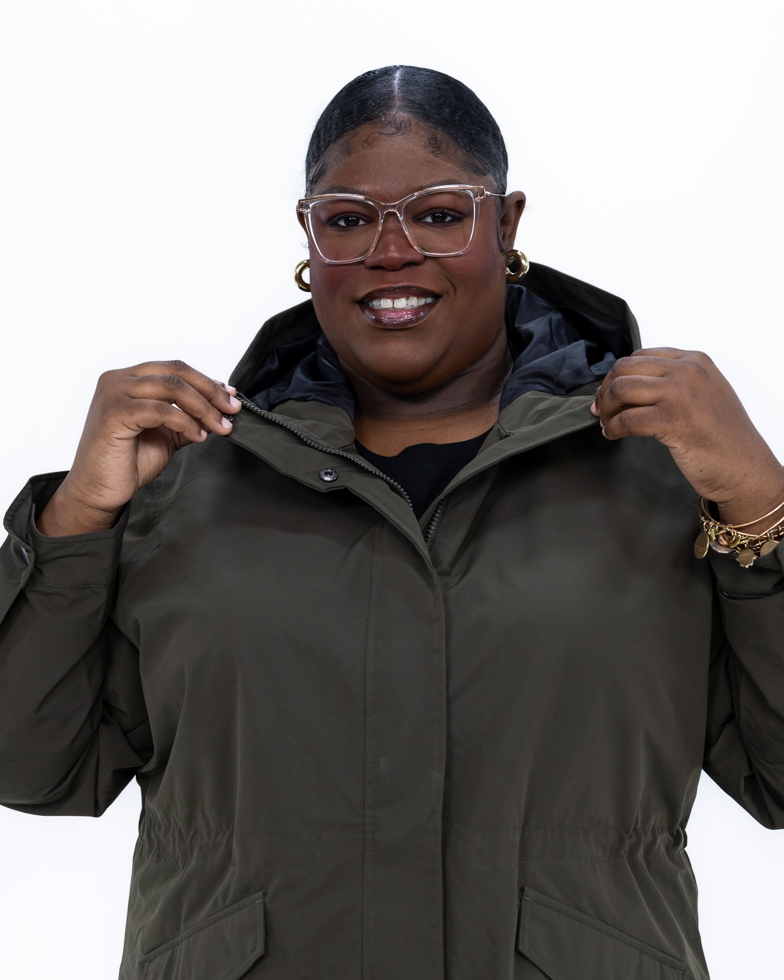 Plus size berwick rain jacket olive 14 | Model is 5'9" and wears a 3X