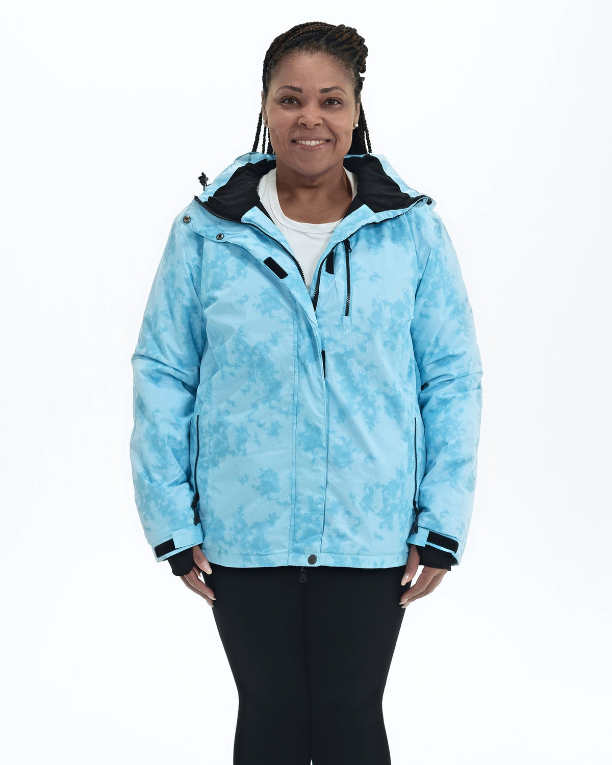 Blue Marble Bevel women's plus size insulated winter jacket, front | Model is 5'6" and wears a 1X